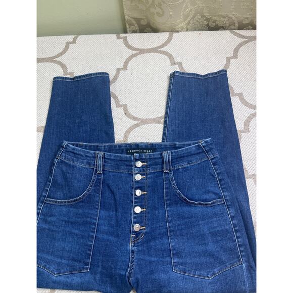 Veronica Beard Arya Straight High Rise button fly bright blue jeans, size 32/14 - Picture 2 of 15